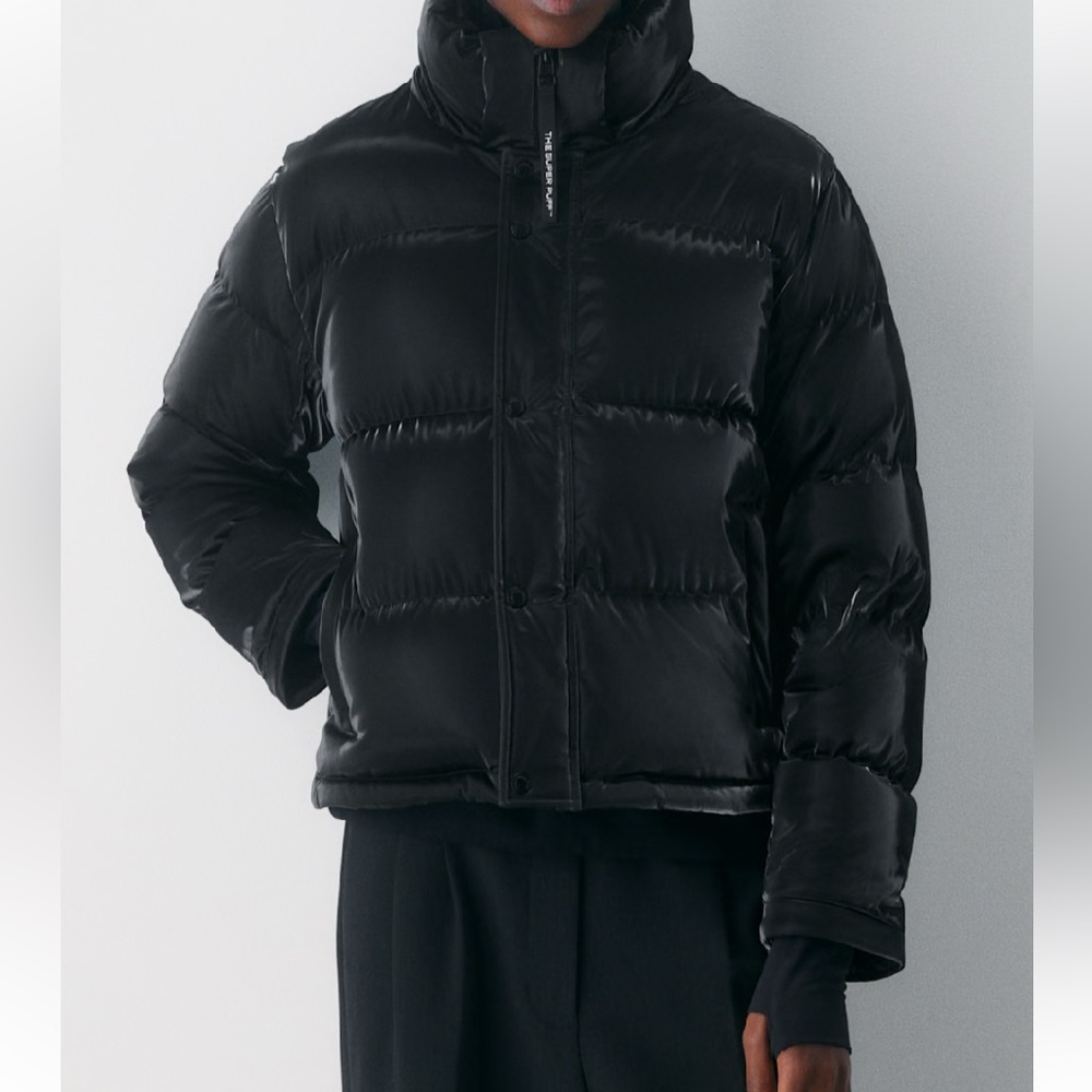 TNA Glossy Black Cropped Puffer Jacket